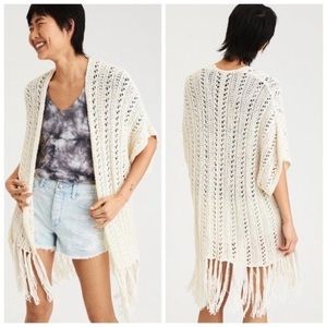 American Eagle White/Cream Crochet Fringe Kimono Coverup